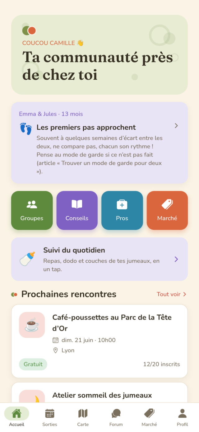 Écran d'accueil : conseil du moment et prochaines rencontres