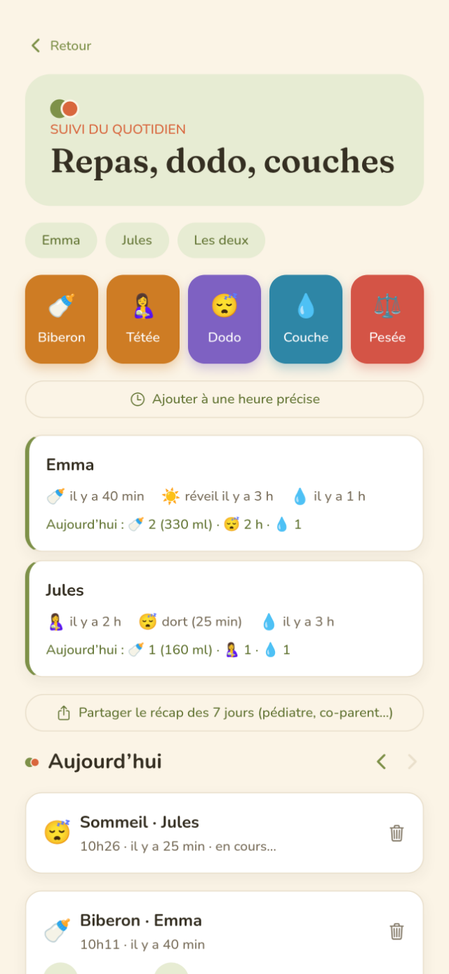 Écran de suivi : biberons, tétées, dodos et couches par bébé
