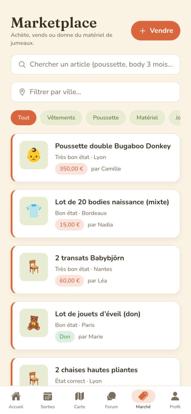 Marketplace de matériel entre parents